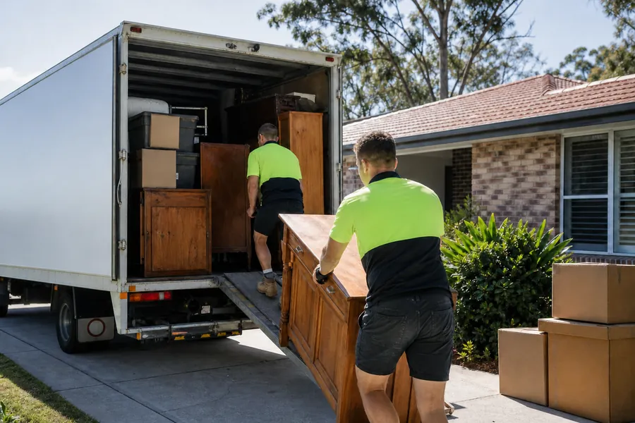 Removalists carrying a timber cabinet up the tailgate ramp of a truck outside a brick home